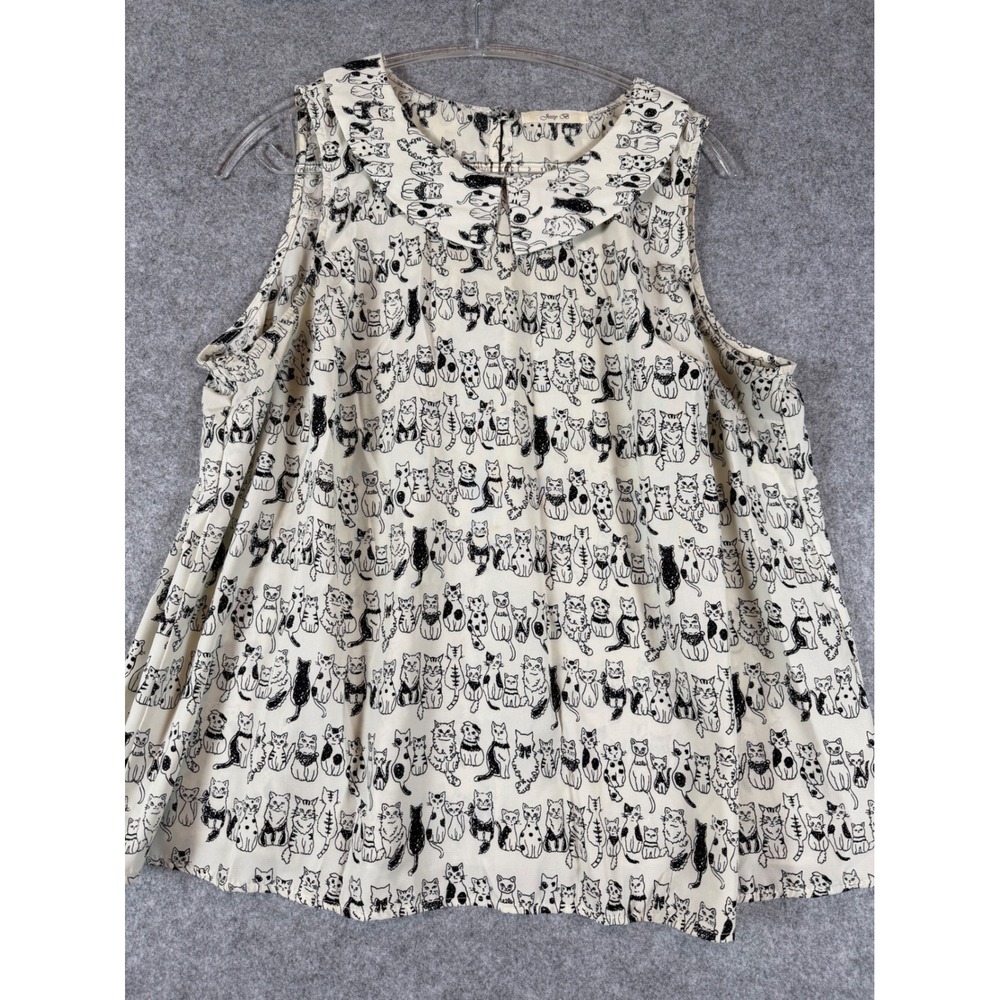 Jessy B Cat Print Sleeveless Blouse Women 1XL Cream Excellent Peter Pan Collar